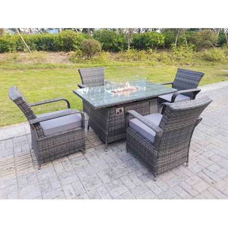 Fimous Rattan Garden Furniture Gas Fire Pit Rectangle Dining Table Gas Heater And Dining Chairs 4 Seater - 1