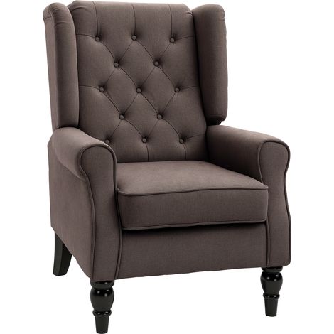 HOMCOM Accent Armchair Home Furniture Tufted Club Wood Fabric Brown - 1