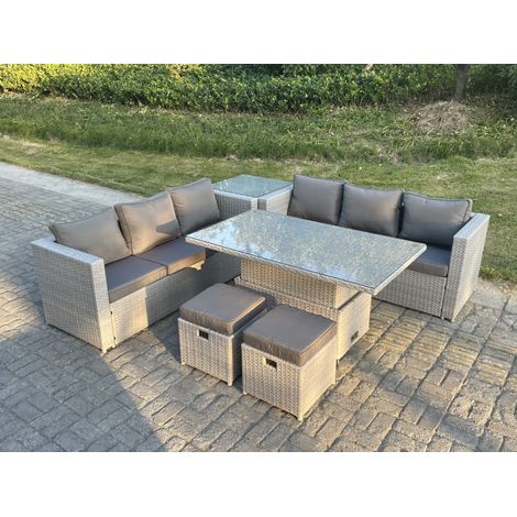 Fimous Rattan Garden Funiture Set Height Adjustable Rising Lifting Table Sofa Dining Set With Side Coffee Tea Table Stool - 1