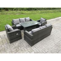 Fimous Outdoor Rattan Garden Furniture Sofa Set Lounge Sofa Dining Table Height Adjustable Rising Lifting Table Reclining Arm Chairs 8 Seater - 1