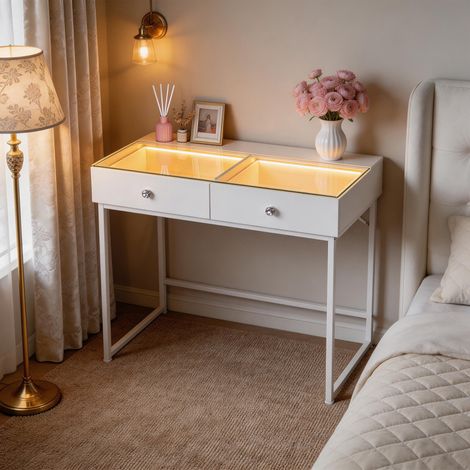 FENCHILIN Dressing table with LED lighting,Three Light Settings,Adjustable Brightness,2-drawer Vanity table 100 x 81 x 55 cm White