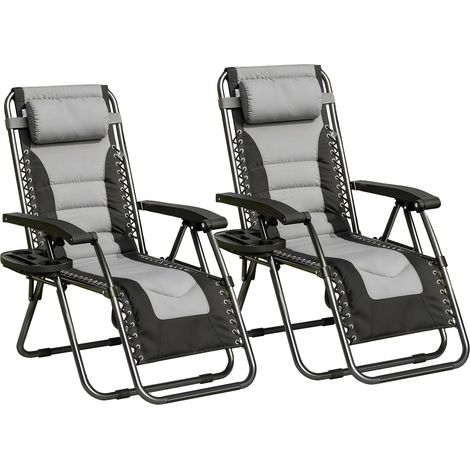 Set of 2 Zero Gravity Heavy Duty Outdoor Garden Reclining Chairs with Padded Seat Black/Grey